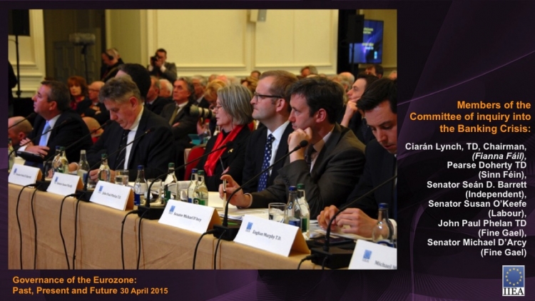 Members of the Committee of Inquiry into the Banking Crisis: Ciarán Lynch TD, Chairman (Fianna Fáil), Pearse Doherty TD (Sinn Féin), Senator Seán D. Barrett (Independent), Senator Susan O’Keefe (Labour), (John Paul Phelan TD (Fine Gael), Senator Michael D’Arcy (Fine Gael)